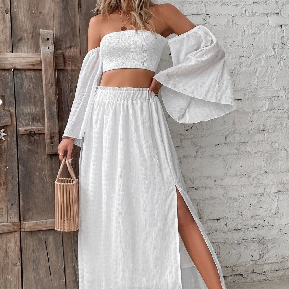 White Preppy Womens Off Shoulder Shirred Crop Top & Frill Trim Split Thigh Skirt - Picture 4 of 5